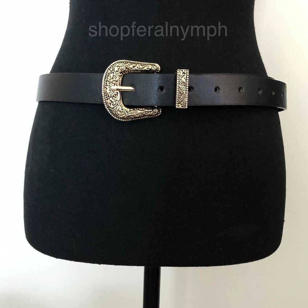 Y2K Coastal Cowgirl Black Gold Ornate Buckle Belt, 36–43.5 Inches, X7GA1136